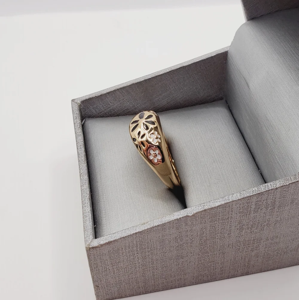 Yellow Gold Plated Floral Flower Enamel Dome Ring